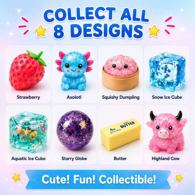 Collection of colorful squishy toys with text encouraging collection of all 8 designs.