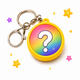 Keychain with a rainbow-colored circle featuring a white question mark, surrounded by colorful stars on a white background.