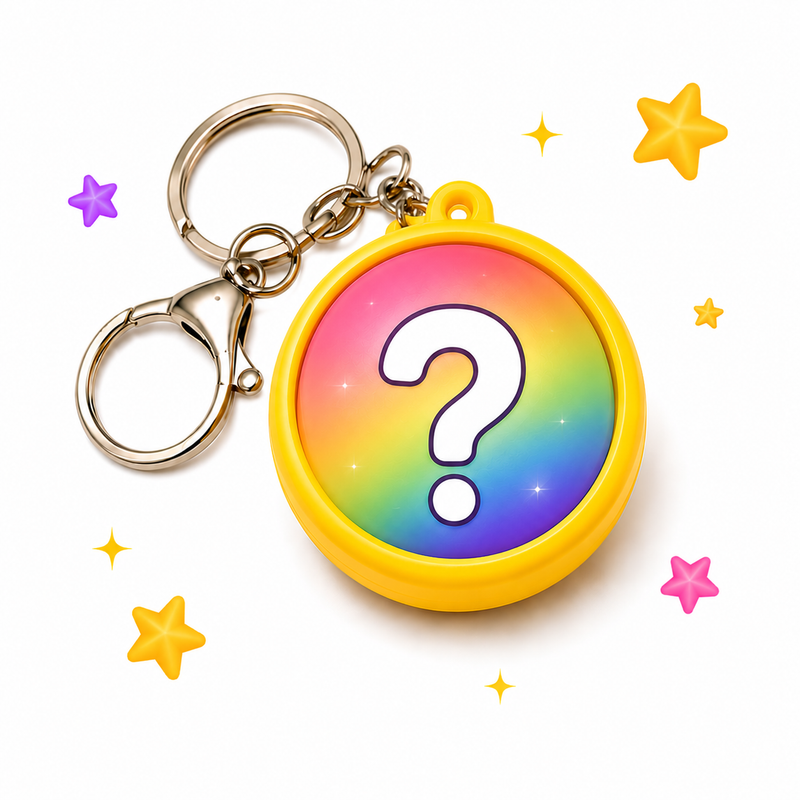 Keychain with a rainbow-colored circle featuring a white question mark, surrounded by colorful stars on a white background.