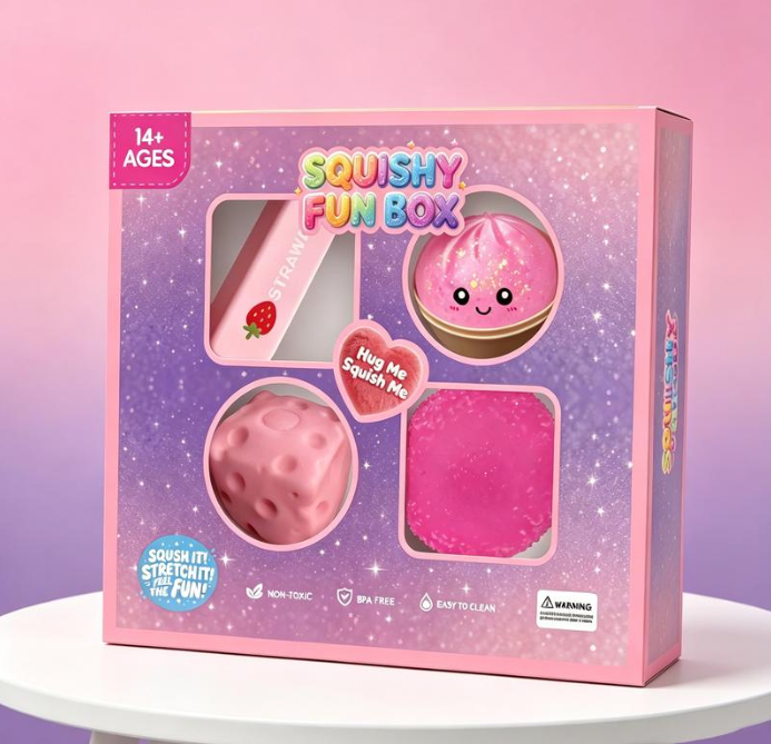 Squishy Fun Box packaging with pink squishies on a gradient background