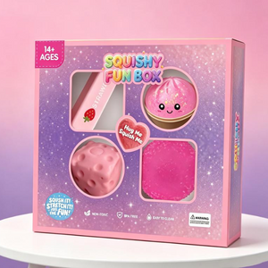 Squishy Fun Box packaging with pink squishies on a gradient background