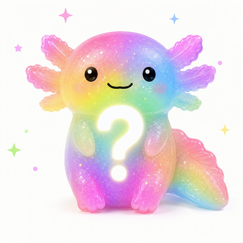 Colorful axolotl-shaped toy with a question mark on a white background