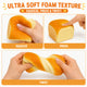 Ultra soft foam texture product being squeezed, pressed, and twisted by hands with text indicating its properties.