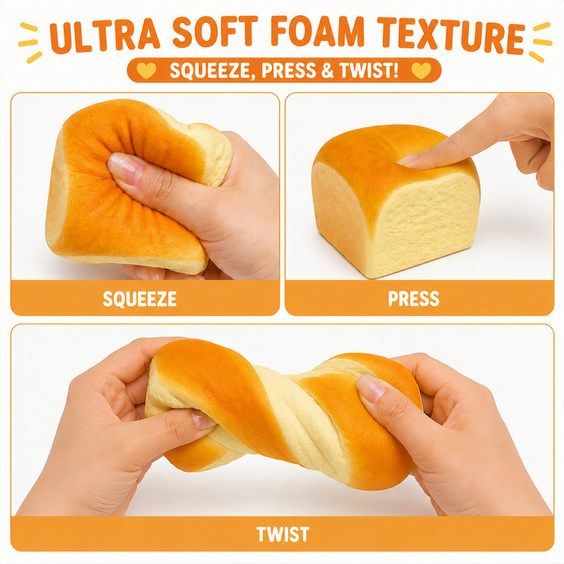 Ultra soft foam texture product being squeezed, pressed, and twisted by hands with text indicating its properties.