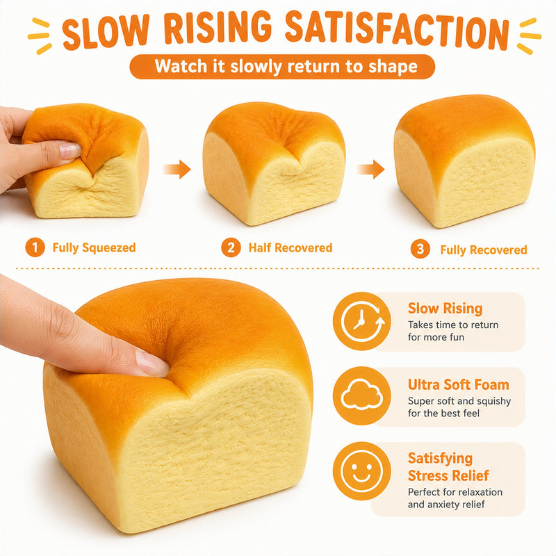 Illustration of a bread-shaped stress reliever with stages of recovery and text about its features.