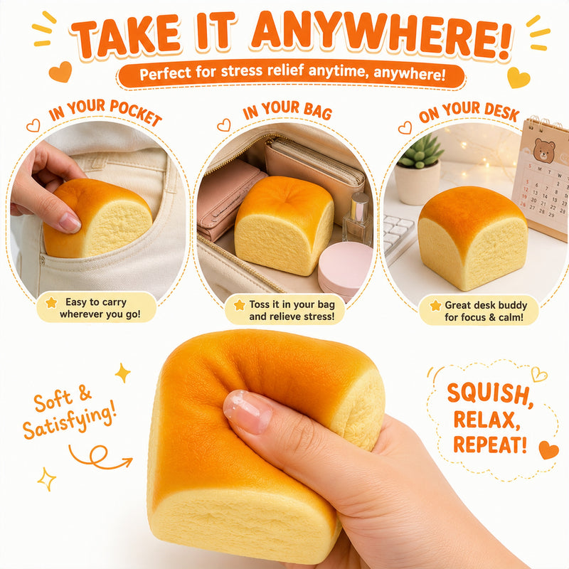 Stress relief bread toy with text on a white background