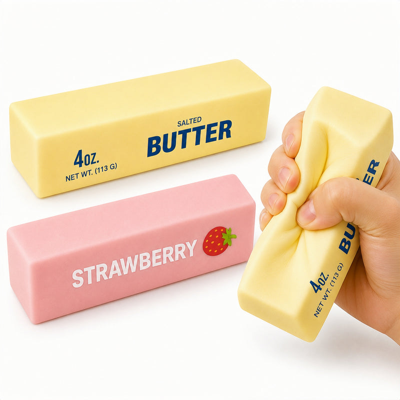 Two wax bars, one labeled 'Salted Butter' and the other 'Strawberry', with a hand holding a yellow 'Butter' bar.