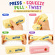 Stress relief product with 'Press', 'Squeeze', 'Pull', and 'Twist' instructions, featuring a salted butter flavor.