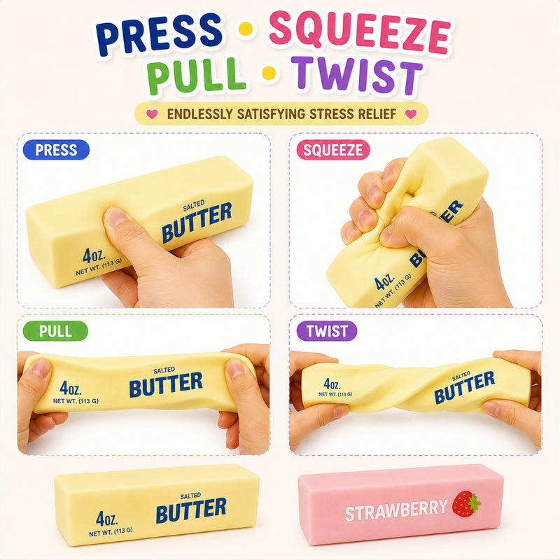 Stress relief product with 'Press', 'Squeeze', 'Pull', and 'Twist' instructions, featuring a salted butter flavor.