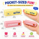 Two small containers labeled 'Butter' and 'Strawberry' held in a hand, with product details and features highlighted.