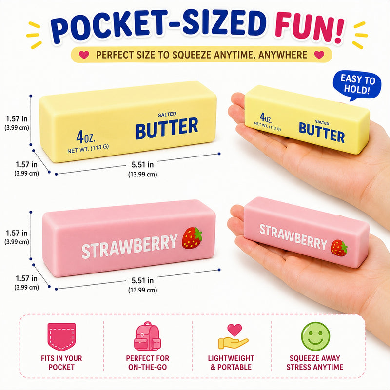 Two small containers labeled 'Butter' and 'Strawberry' held in a hand, with product details and features highlighted.