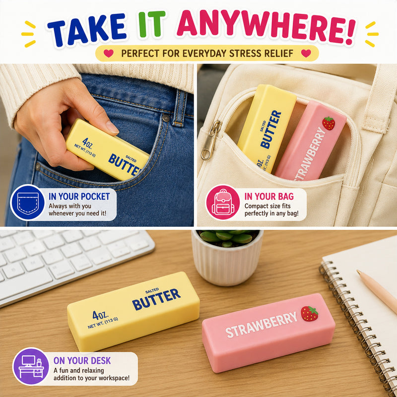 Two stress balls, one yellow labeled 'BUTTER' and one pink labeled 'STRAWBERRY', with text indicating their use in pocket, bag, and desk.