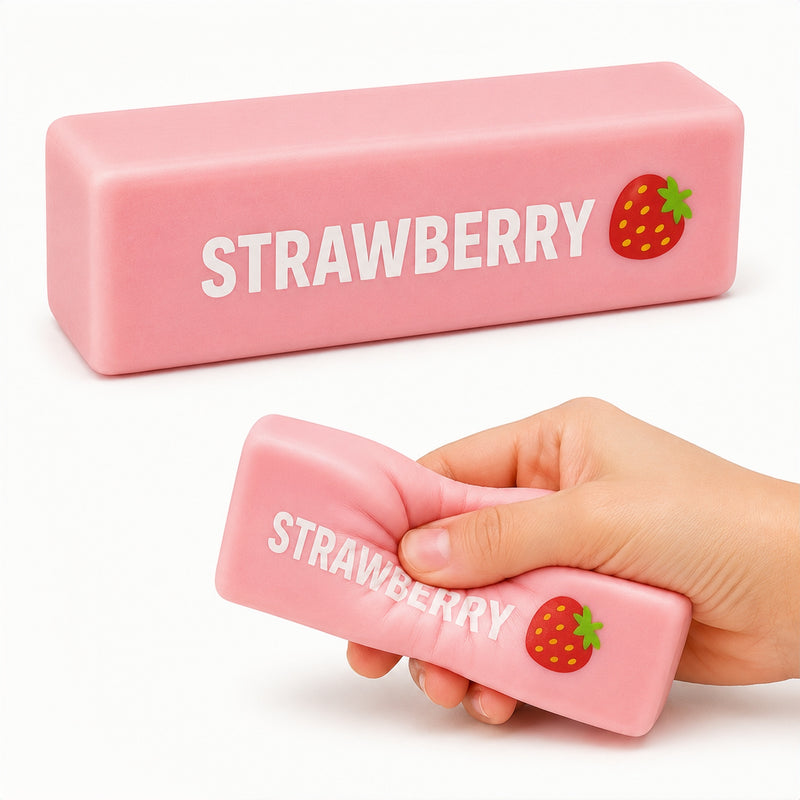 Pink strawberry-scented eraser with a hand holding one, on a white background