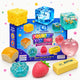 Squishy fun box with various squishy toys including a cheese cube, bread, strawberry, and butter on a white background.