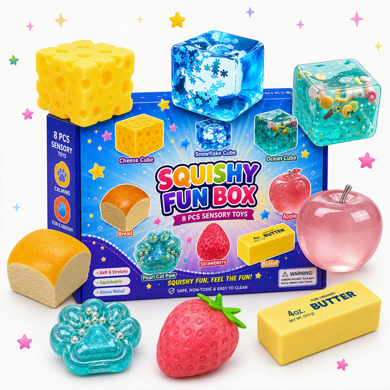 Squishy fun box with various squishy toys including a cheese cube, bread, strawberry, and butter on a white background.