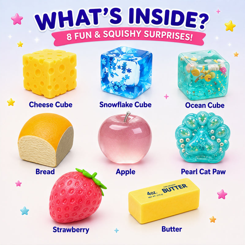 Assorted squishy toys including Cheese Cube, Snowflake Cube, Ocean Cube, Bread, Apple, Pearl Cat Paw, Strawberry, and Butter on a white background.