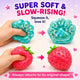 Two squishy toys, one shaped like a paw and one like a strawberry, with text highlighting their features on a light purple background.