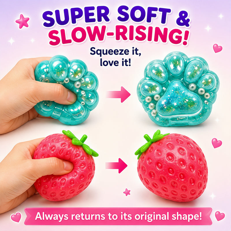 Two squishy toys, one shaped like a paw and one like a strawberry, with text highlighting their features on a light purple background.