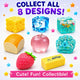 Collection of colorful novelty items with text encouraging collection of all 8 designs.