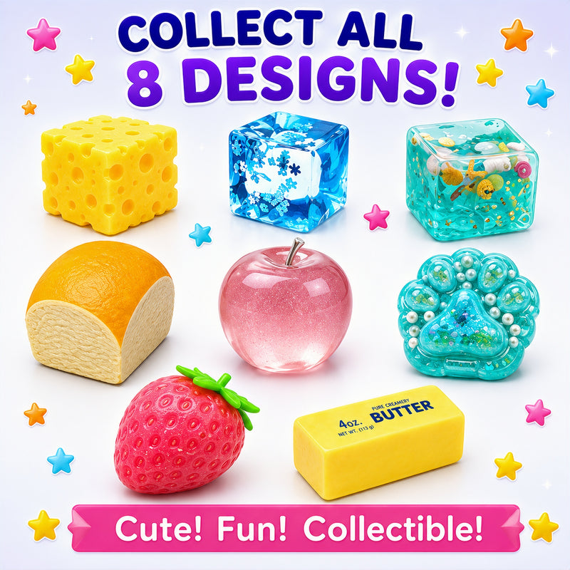 Collection of colorful novelty items with text encouraging collection of all 8 designs.