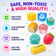 Assorted colorful play items with safety features highlighted on a white background