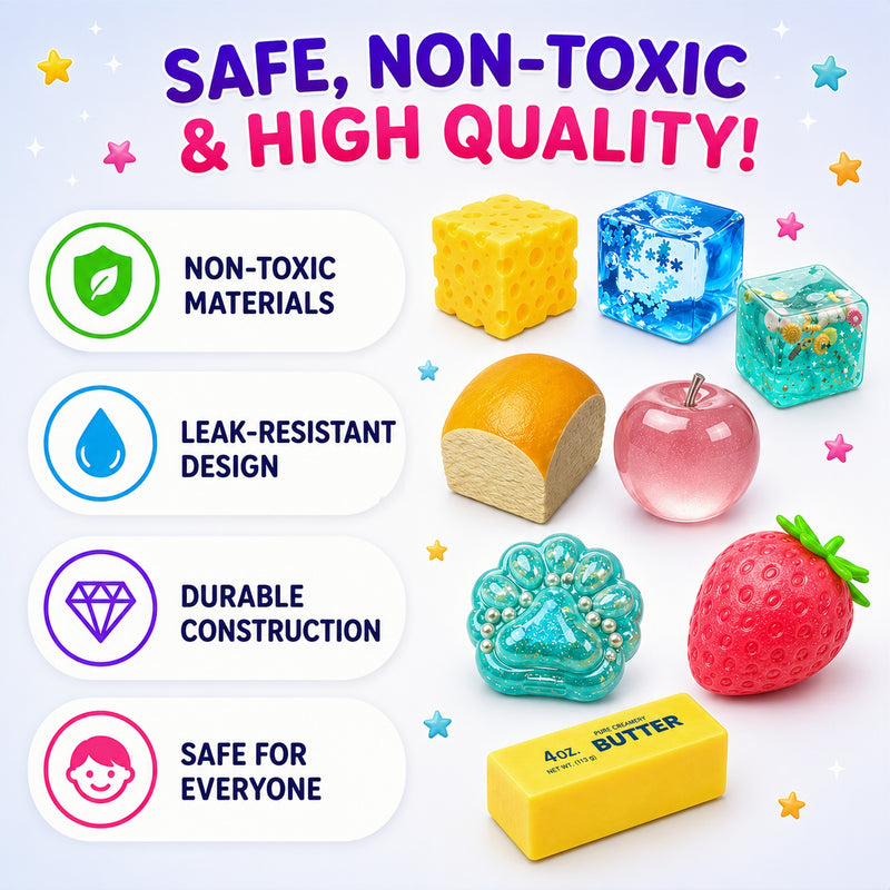 Assorted colorful play items with safety features highlighted on a white background