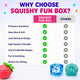 Comparison chart of Squishy Fun Box features with other options, featuring squishies and colorful stars on a light purple background.