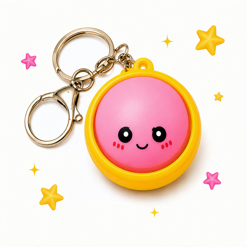 Keychain with a pink round character on a white background with stars