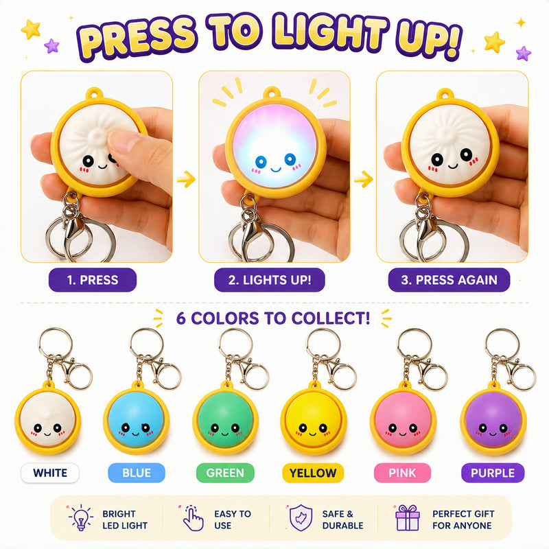 Keychain with LED light feature, showing press-to-light-up mechanism and multiple color options.