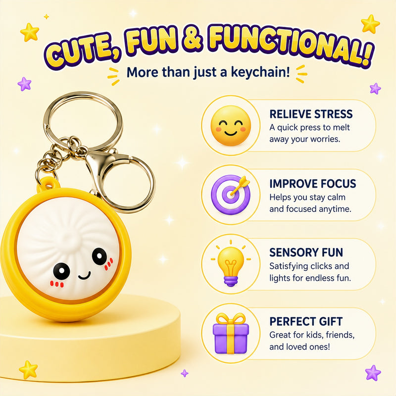 Keychain with a cartoon character on a yellow background, featuring text about its functions.