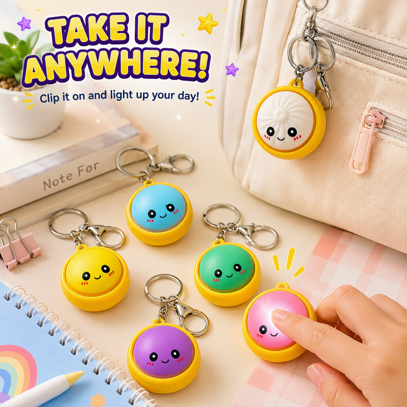 Colorful keychain lights with smiling faces on a desk with text 'Take it anywhere!'.