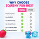 Comparison chart highlighting features of Squishy Fun Box versus other options, with squishies and a strawberry toy on a light blue background.