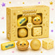 Squishy fun box with gold and yellow squishies resembling butter and cheese, surrounded by decorative stars.