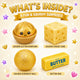 Promotional image of squishy toys with text 'What's Inside?' and images of a golden glitter dumpling, cheese cube, scrunchy ball, and butter bar.