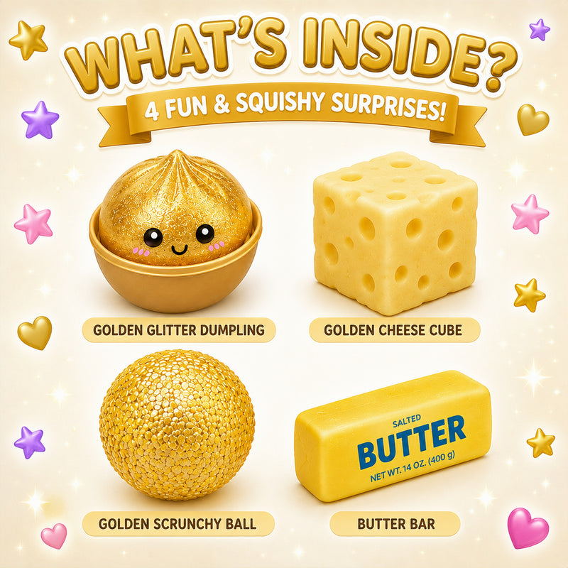 Promotional image of squishy toys with text 'What's Inside?' and images of a golden glitter dumpling, cheese cube, scrunchy ball, and butter bar.