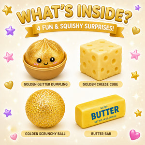 Promotional image of squishy toys with text 'What's Inside?' and images of a golden glitter dumpling, cheese cube, scrunchy ball, and butter bar.