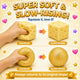 Product advertisement showing a soft, squishy cheese-like item with text highlighting its properties.