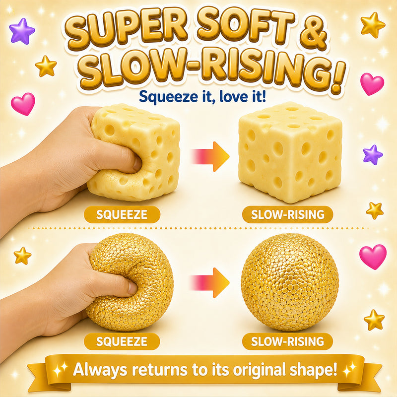 Product advertisement showing a soft, squishy cheese-like item with text highlighting its properties.