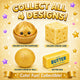 Promotional graphic for collectible items including a golden glitter dumpling, cheese cube, scrunchy ball, and butter bar.