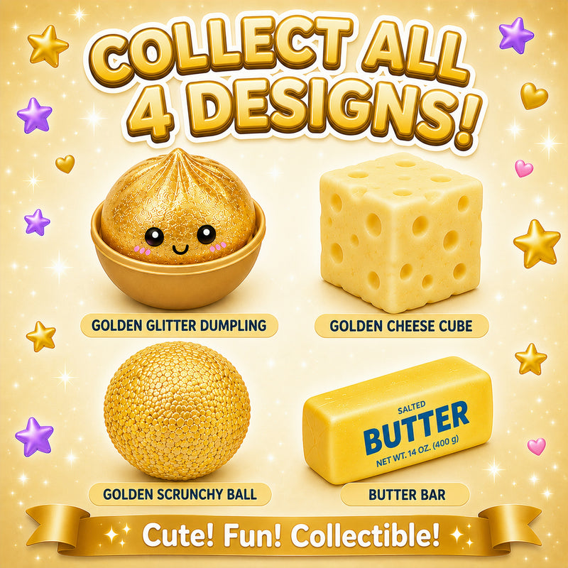 Promotional graphic for collectible items including a golden glitter dumpling, cheese cube, scrunchy ball, and butter bar.