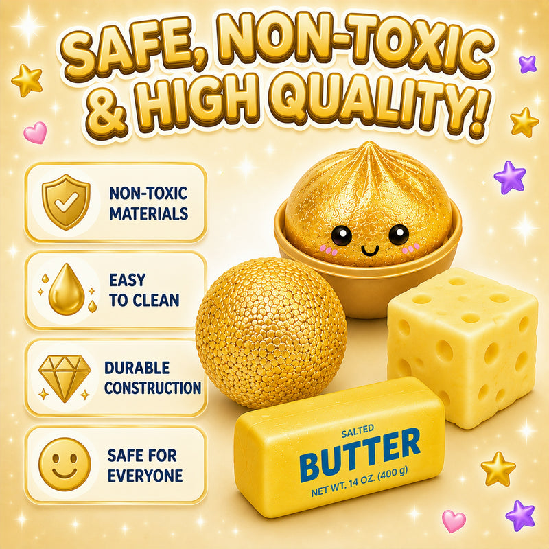 Gold-colored play food items with a 'Safe, Non-Toxic & High Quality' text overlay on a beige background.
