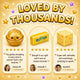 Product review graphic with a gold dumpling, butter bar, and cheese cube on a yellow background with 'Loved by Thousands!' text.