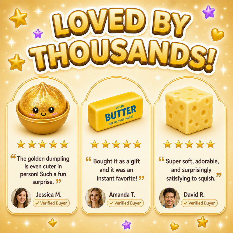 Product review graphic with a gold dumpling, butter bar, and cheese cube on a yellow background with 'Loved by Thousands!' text.