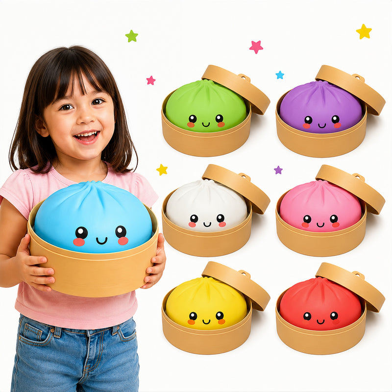 Child holding a set of colorful bun-shaped toys with smiling faces on a white background.