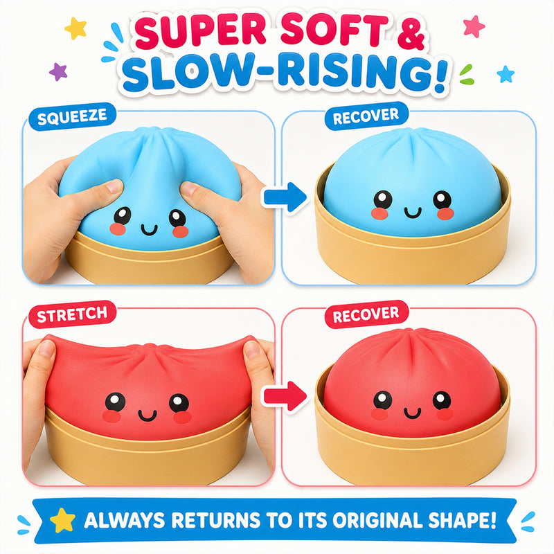 Squishy toy with smiley face returning to original shape after being stretched and squeezed.