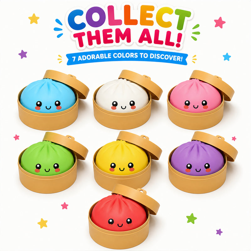 Colorful bun-shaped toys with smiling faces in open brown containers on a white background.