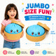 Child holding a blue plush toy in a bamboo basket with text about jumbo size fun.