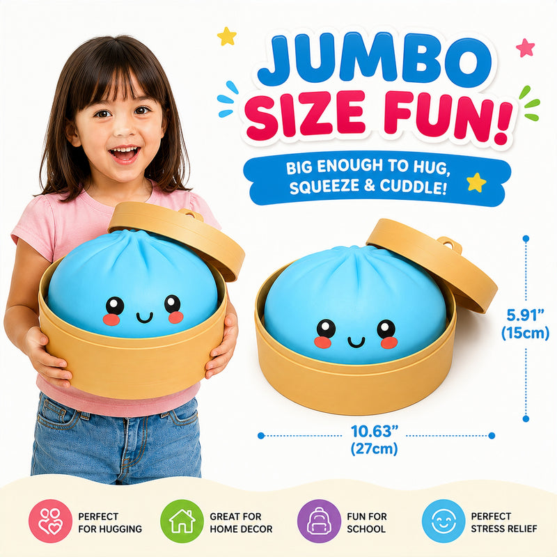 Child holding a blue plush toy in a bamboo basket with text about jumbo size fun.