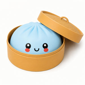Cute plush toy resembling a steamed bun with a smiling face in a yellow container on a white background