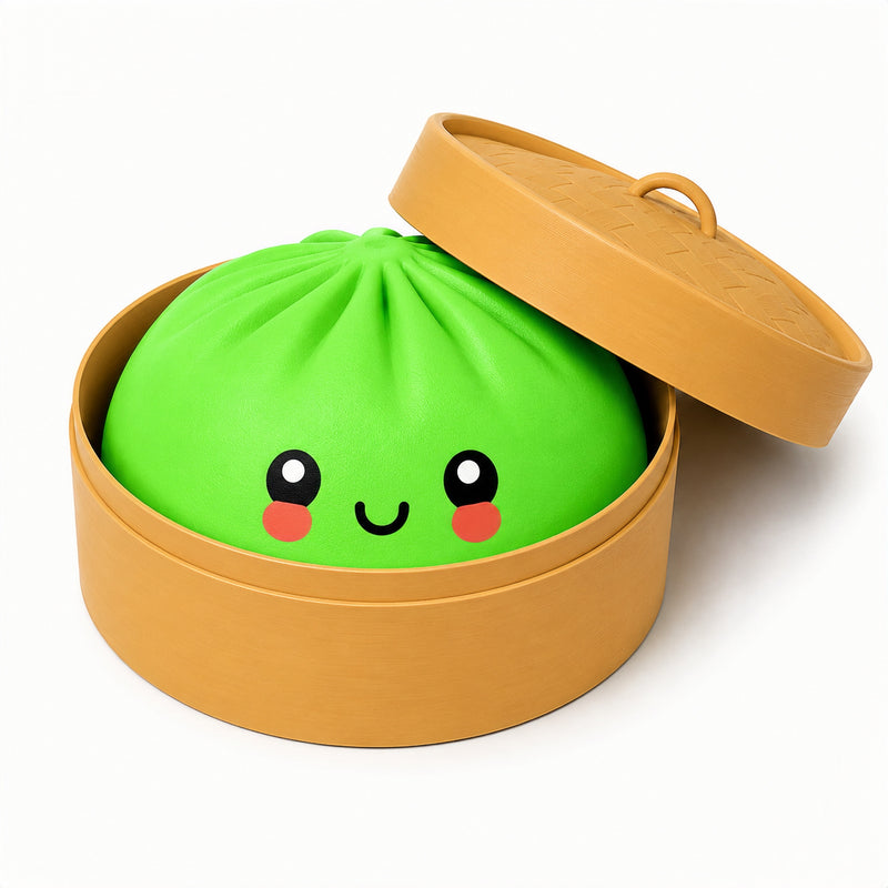 Green bun with a face in a tan container on a white background